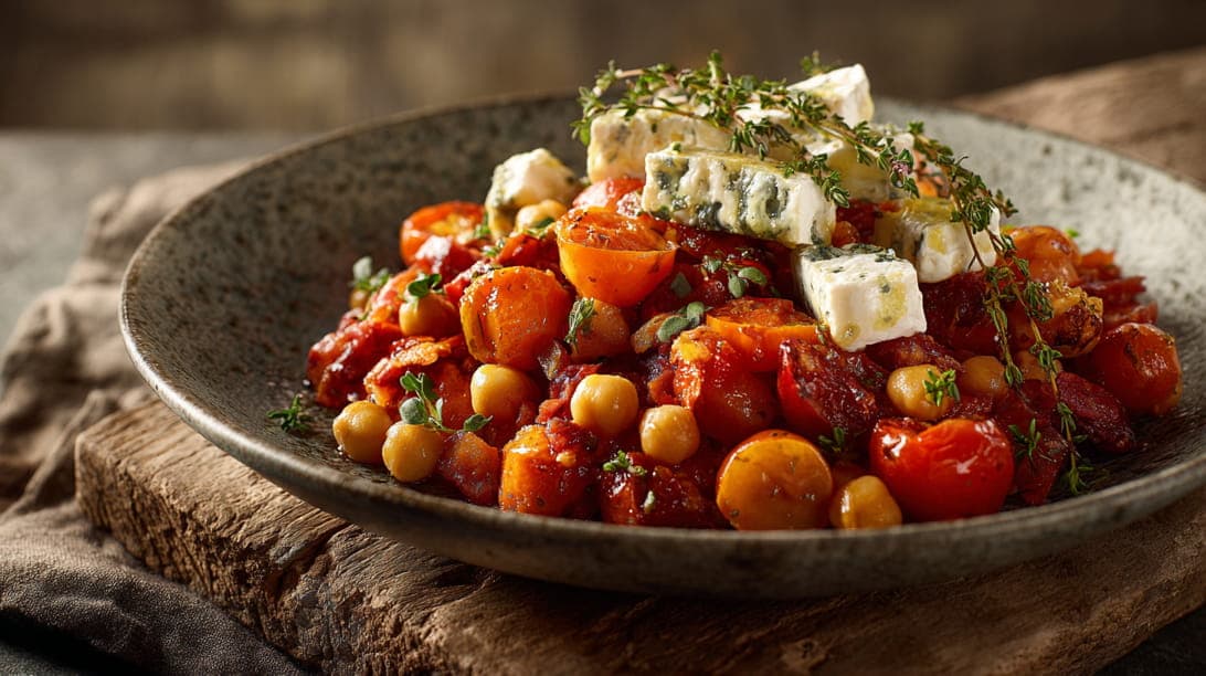 Tomatenragout mit Kichererbsen und Ziegen-Camembert