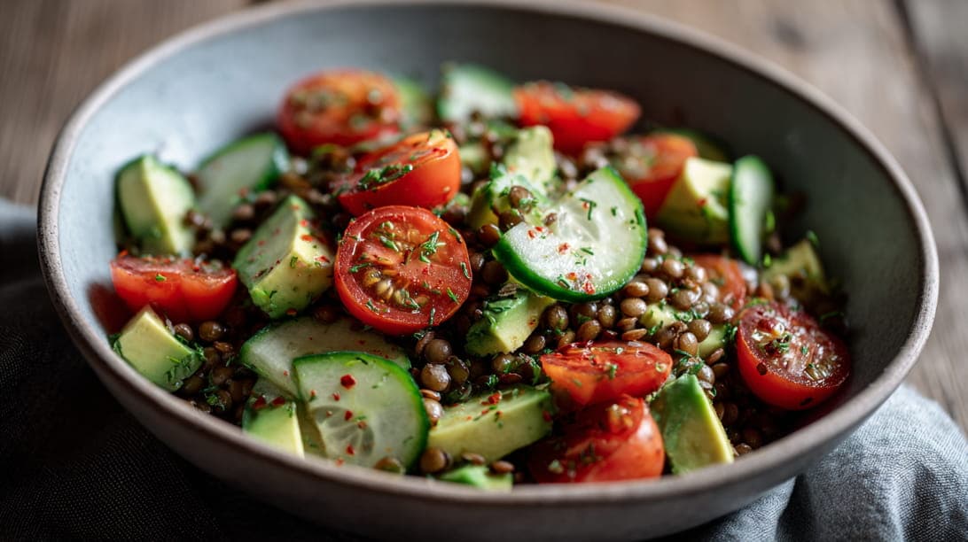 Linsen-Avocado-Salat mit Tomaten und Gurken