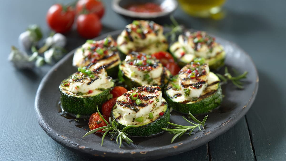 Gegrillte Zucchinischeiben mit Mozzarella und pikanter Marinade
